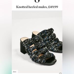 Zara Tweed Knotted Heeled Mules in Black and Blue- worn about 7x